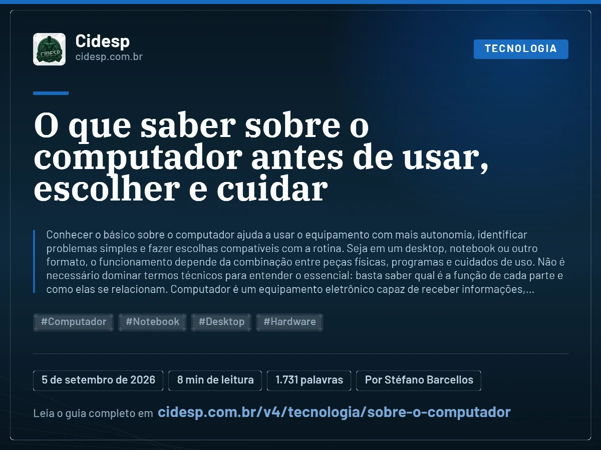 Cartão do artigo “O que saber sobre o computador antes de usar, escolher e cuidar”, com resumo, data de publicação e endereço da página.