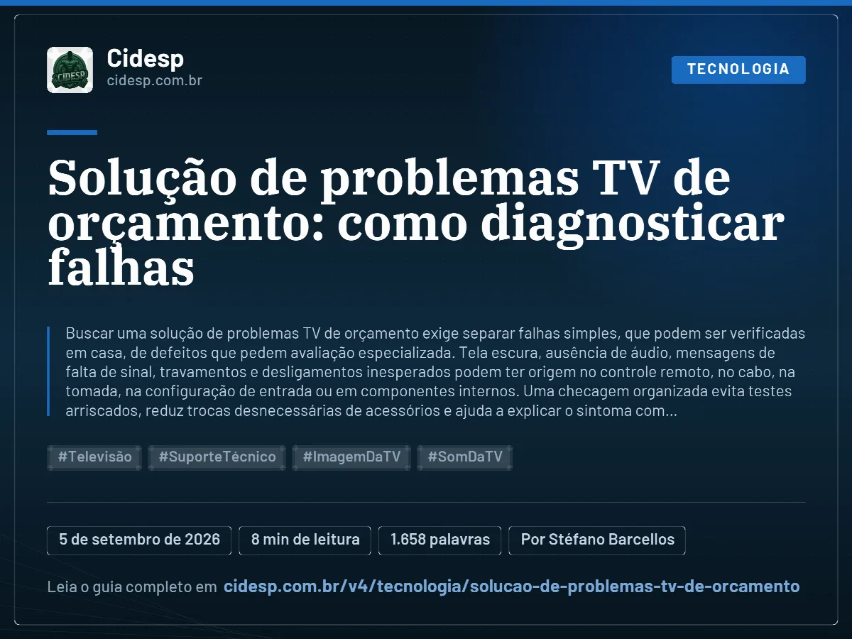 Cartão do artigo “Solução de problemas TV de orçamento: como diagnosticar falhas”, com resumo, data de publicação e endereço da página.