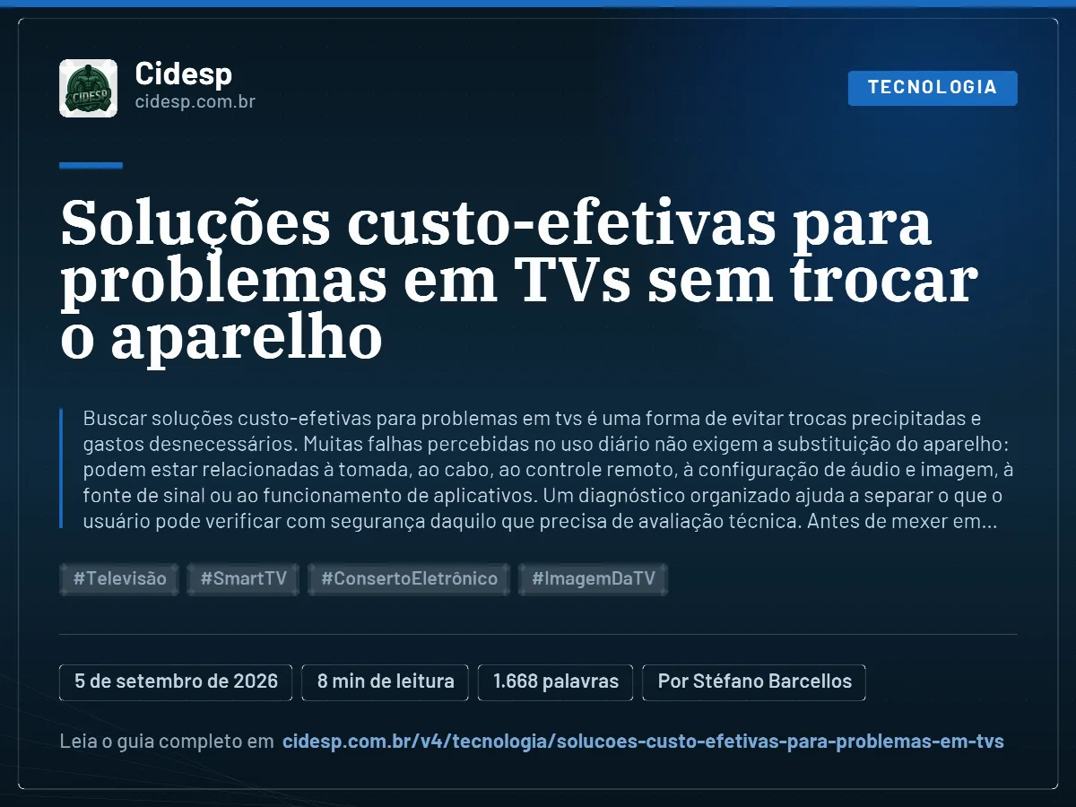 Cartão do artigo “Soluções custo-efetivas para problemas em TVs sem trocar o aparelho”, com resumo, data de publicação e endereço da página.