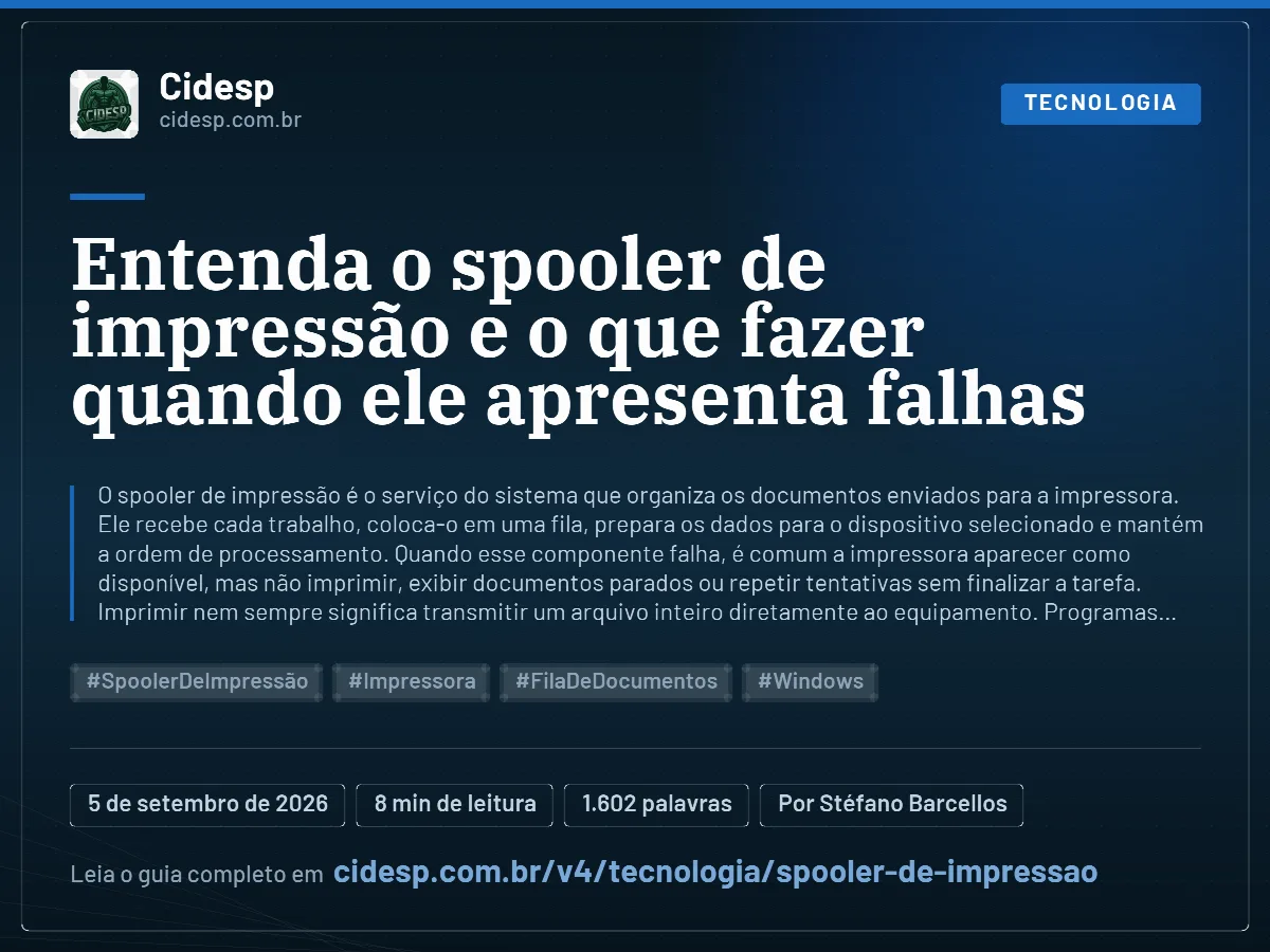 Cartão do artigo “Entenda o spooler de impressão e o que fazer quando ele apresenta falhas”, com resumo, data de publicação e endereço da página.