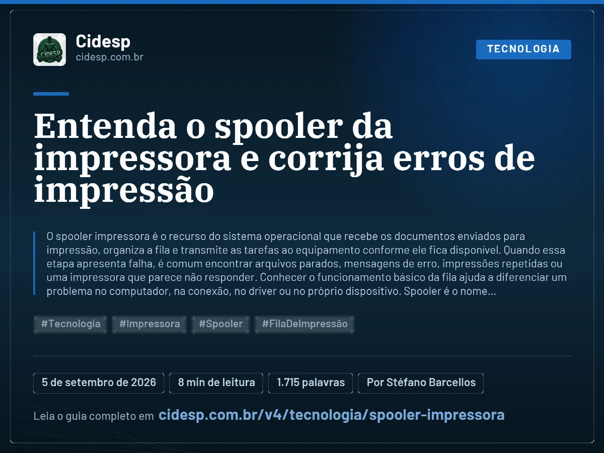 Cartão do artigo “Entenda o spooler da impressora e corrija erros de impressão”, com resumo, data de publicação e endereço da página.