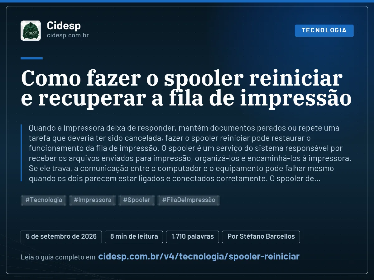 Cartão do artigo “Como fazer o spooler reiniciar e recuperar a fila de impressão”, com resumo, data de publicação e endereço da página.