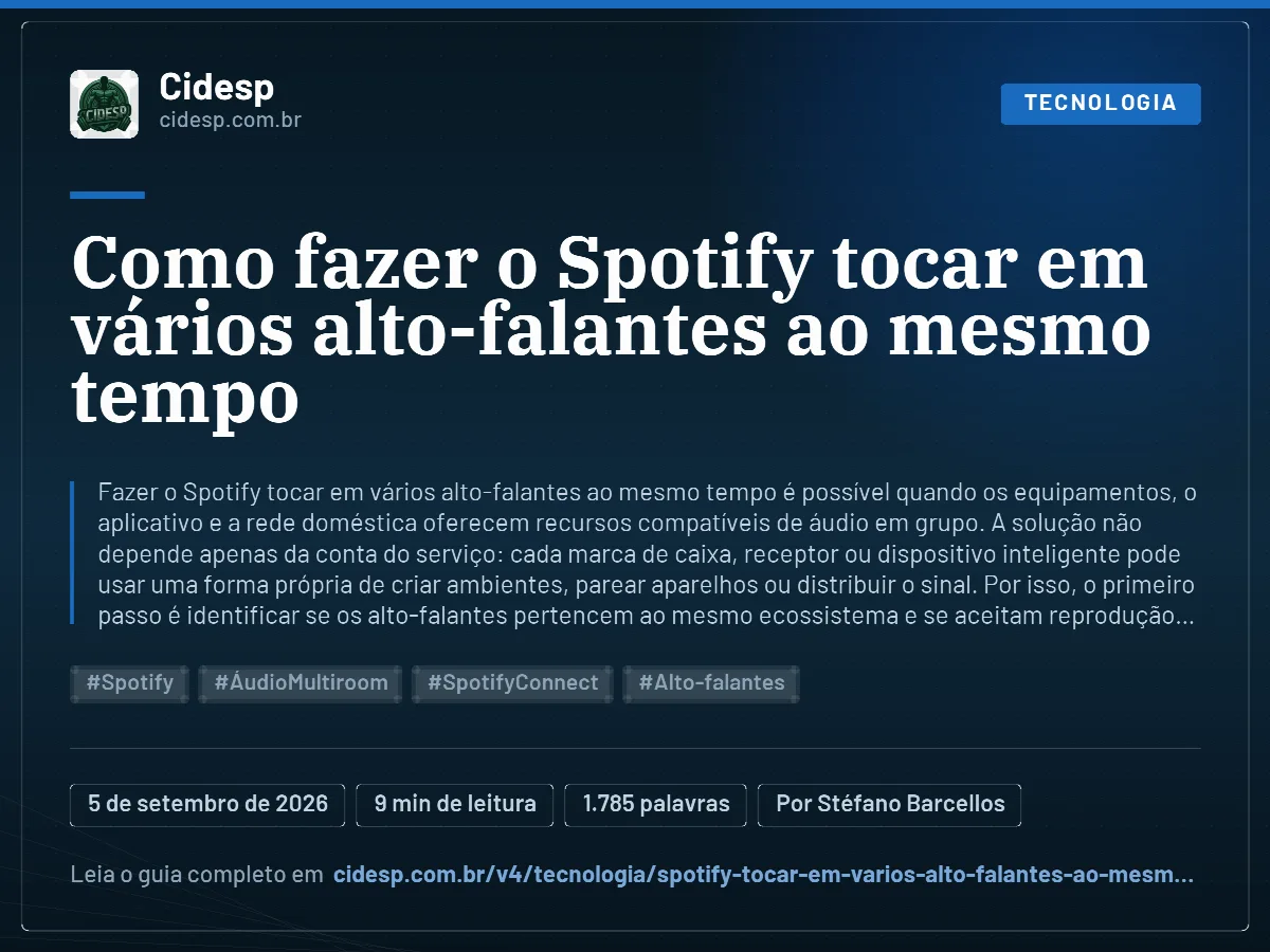Cartão do artigo “Como fazer o Spotify tocar em vários alto-falantes ao mesmo tempo”, com resumo, data de publicação e endereço da página.