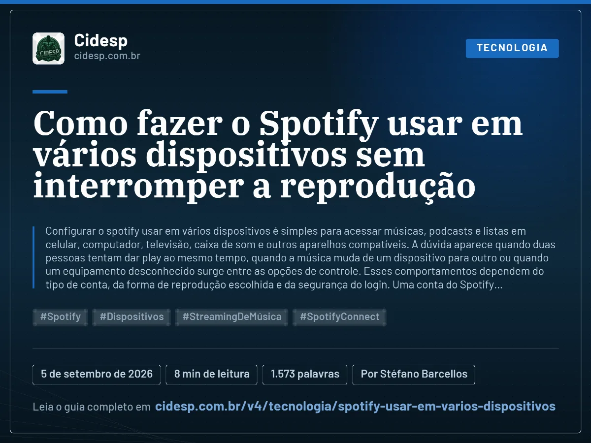 Cartão do artigo “Como fazer o Spotify usar em vários dispositivos sem interromper a reprodução”, com resumo, data de publicação e endereço da página.
