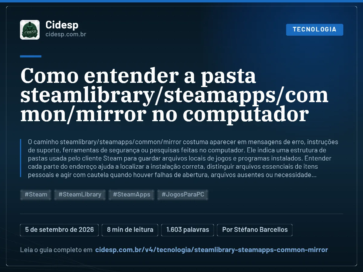 Cartão do artigo “Como entender a pasta steamlibrary/steamapps/common/mirror no computador”, com resumo, data de publicação e endereço da página.