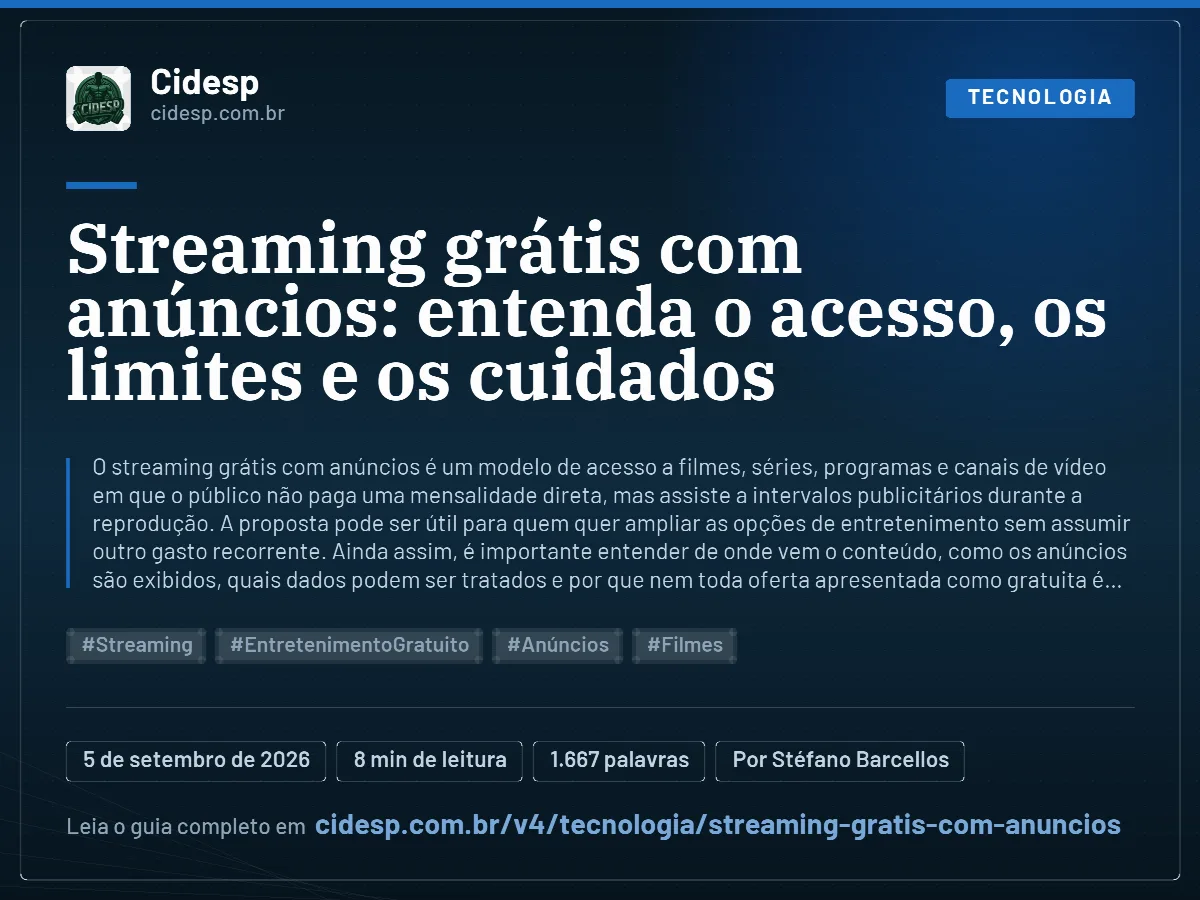 Cartão do artigo “Streaming grátis com anúncios: entenda o acesso, os limites e os cuidados”, com resumo, data de publicação e endereço da página.