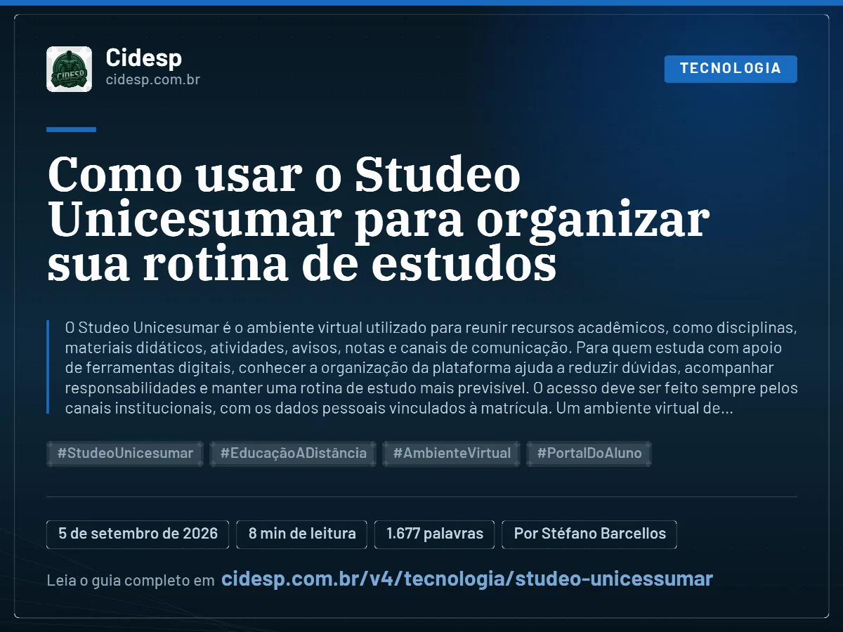 Cartão do artigo “Como usar o Studeo Unicesumar para organizar sua rotina de estudos”, com resumo, data de publicação e endereço da página.