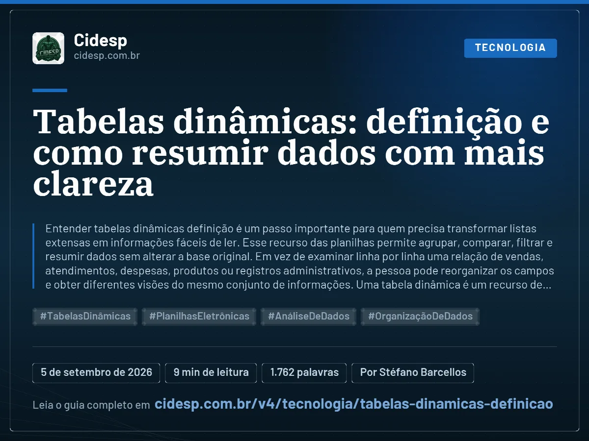 Cartão do artigo “Tabelas dinâmicas: definição e como resumir dados com mais clareza”, com resumo, data de publicação e endereço da página.
