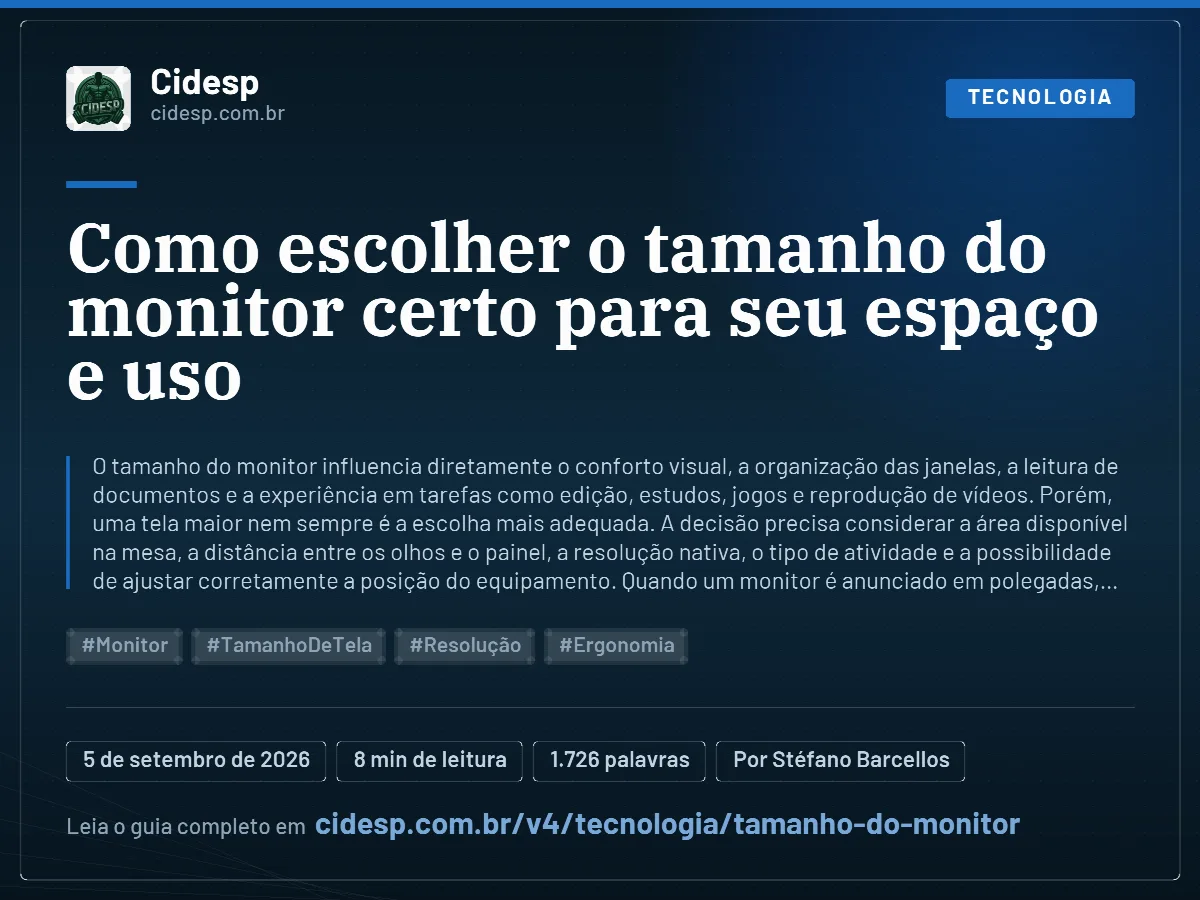 Cartão do artigo “Como escolher o tamanho do monitor certo para seu espaço e uso”, com resumo, data de publicação e endereço da página.