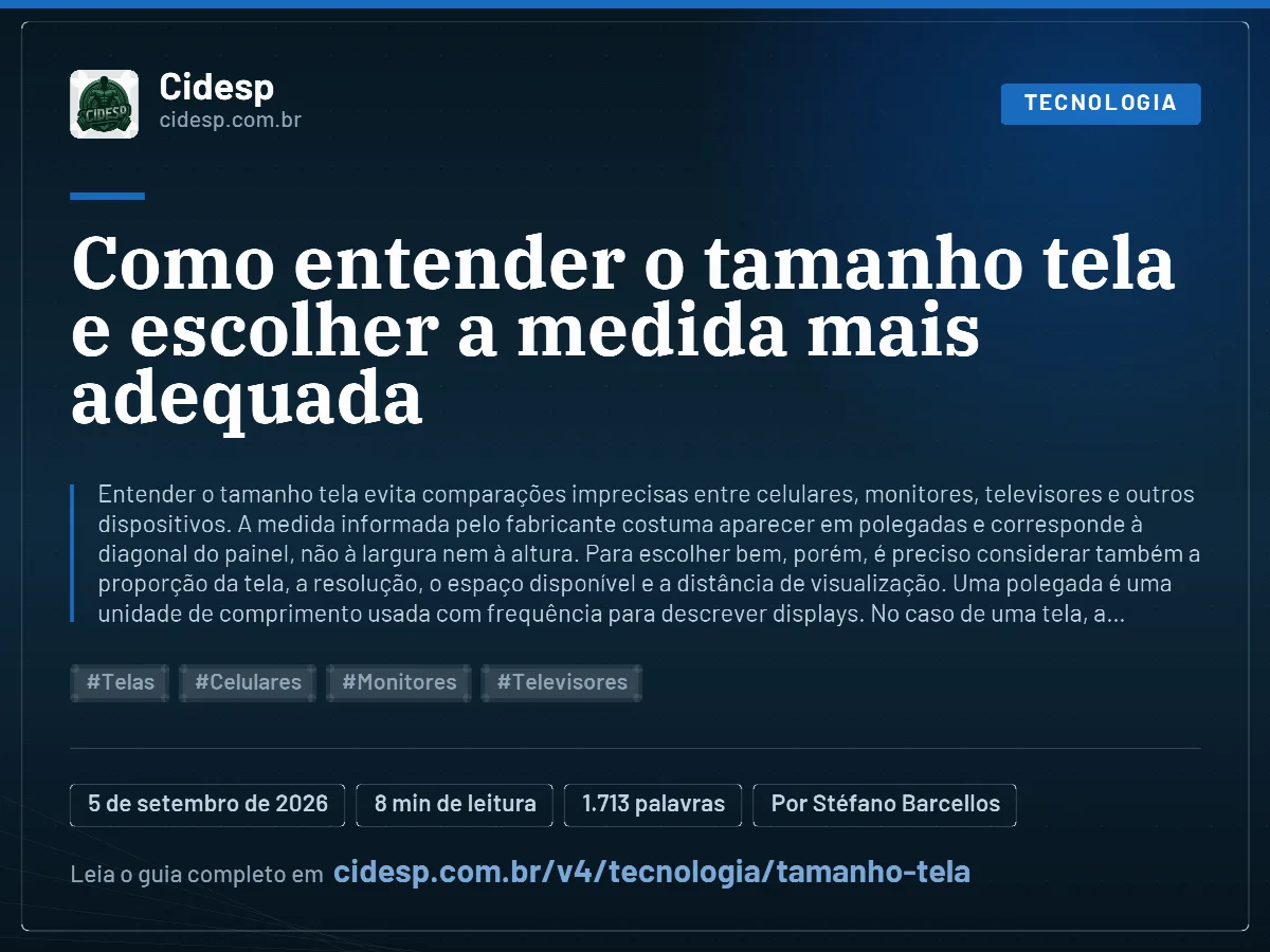Cartão do artigo “Como entender o tamanho tela e escolher a medida mais adequada”, com resumo, data de publicação e endereço da página.