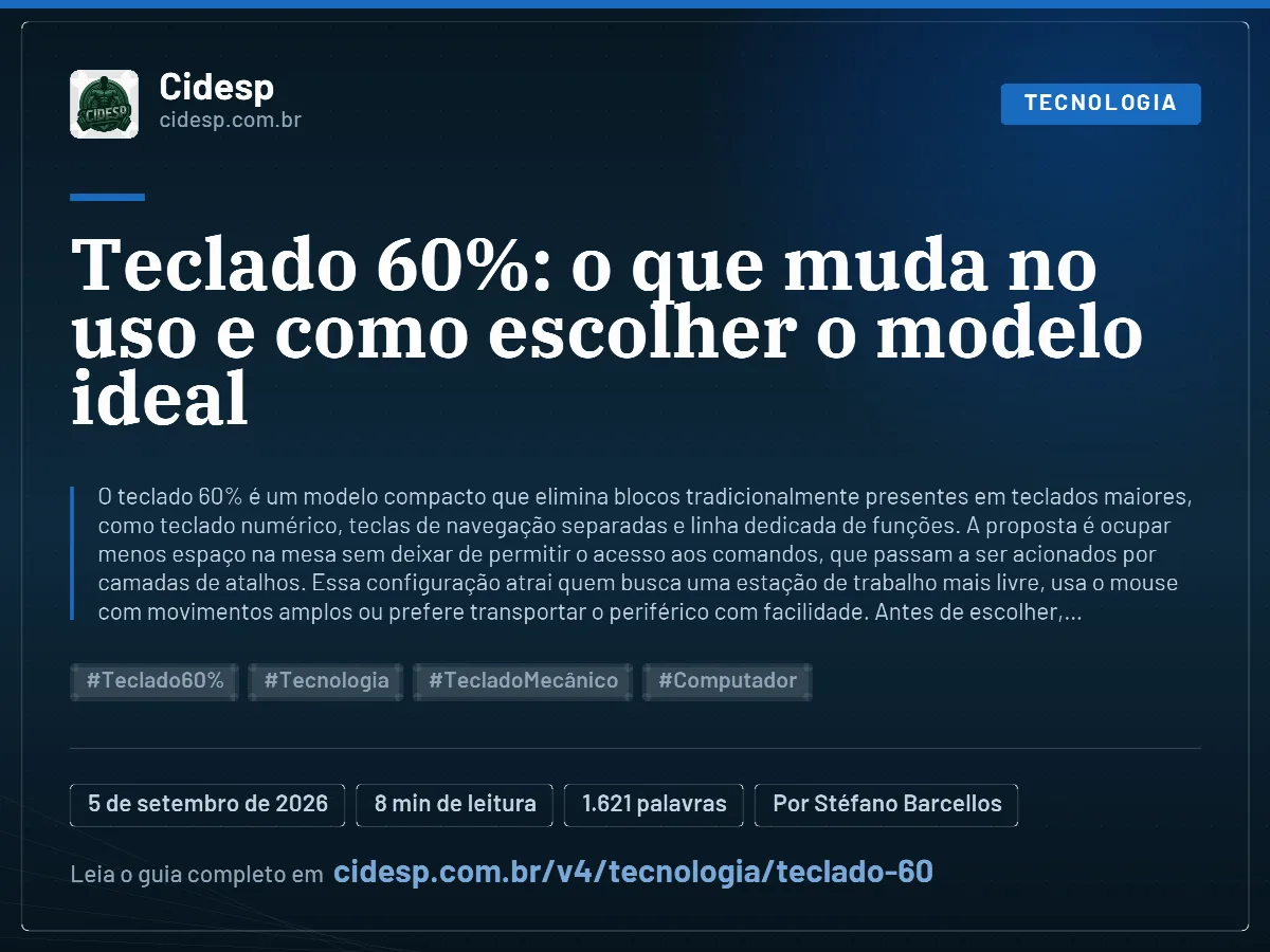 Cartão do artigo “Teclado 60%: o que muda no uso e como escolher o modelo ideal”, com resumo, data de publicação e endereço da página.