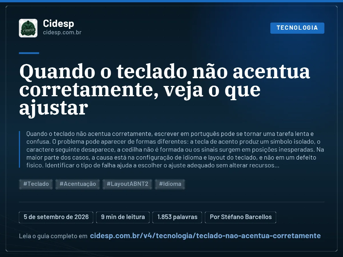 Cartão do artigo “Quando o teclado não acentua corretamente, veja o que ajustar”, com resumo, data de publicação e endereço da página.