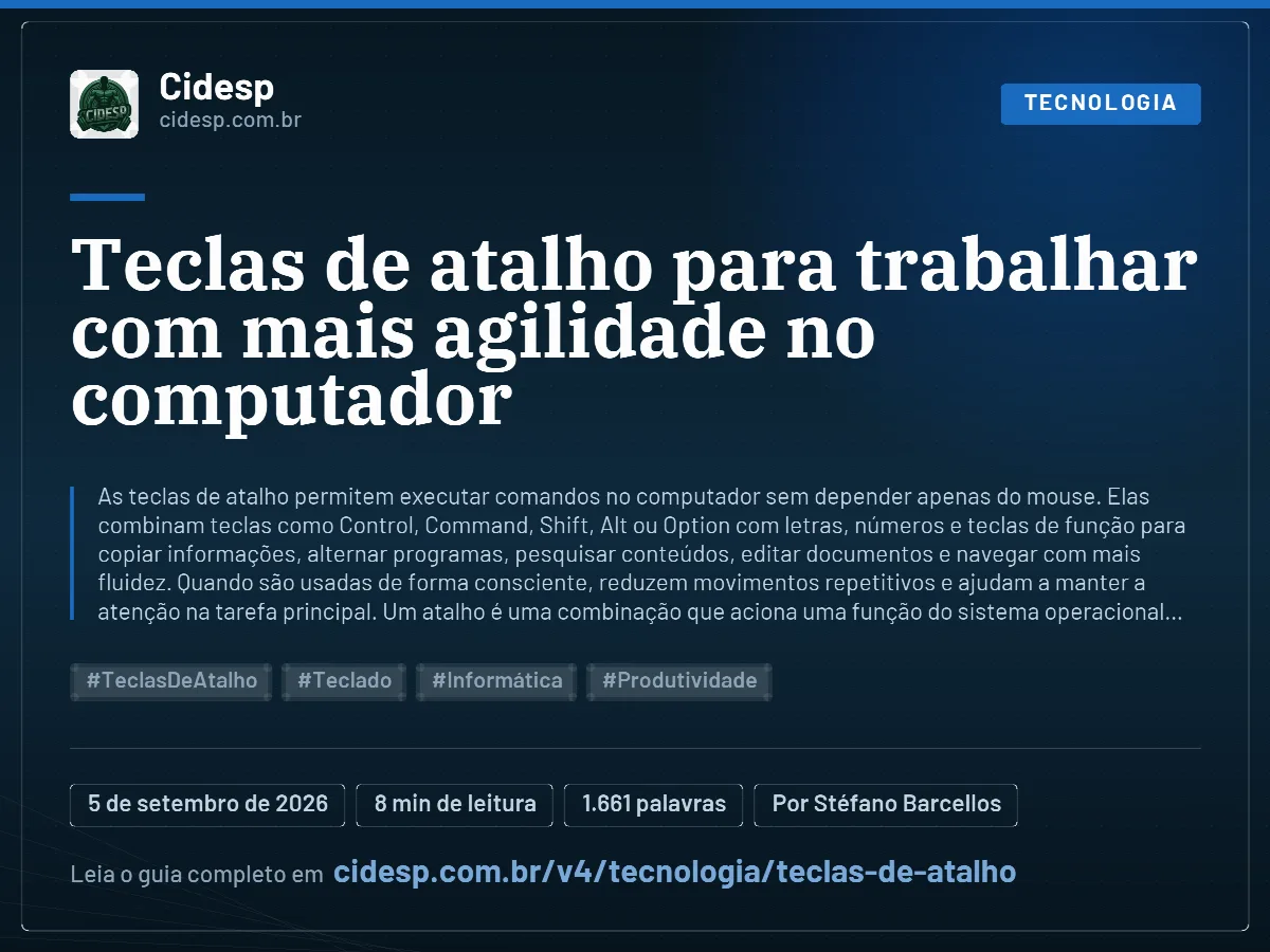Cartão do artigo “Teclas de atalho para trabalhar com mais agilidade no computador”, com resumo, data de publicação e endereço da página.