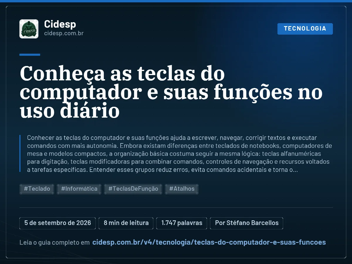 Cartão do artigo “Conheça as teclas do computador e suas funções no uso diário”, com resumo, data de publicação e endereço da página.