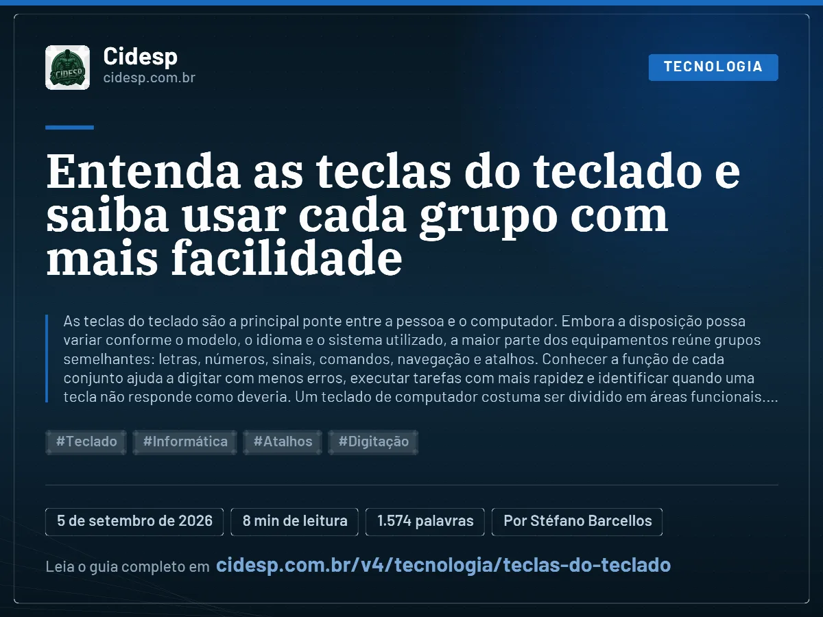 Cartão do artigo “Entenda as teclas do teclado e saiba usar cada grupo com mais facilidade”, com resumo, data de publicação e endereço da página.