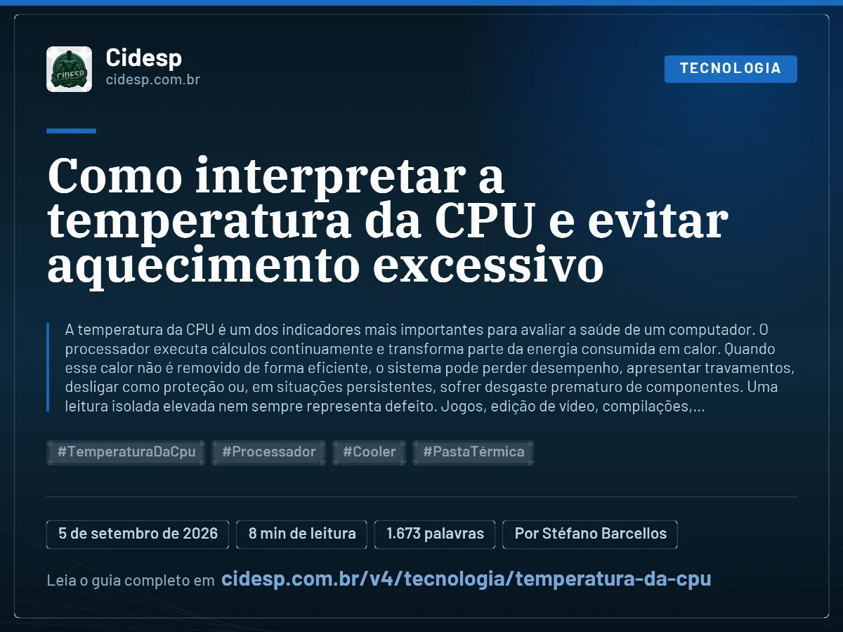Cartão do artigo “Como interpretar a temperatura da CPU e evitar aquecimento excessivo”, com resumo, data de publicação e endereço da página.
