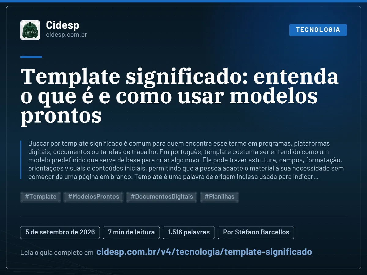 Cartão do artigo “Template significado: entenda o que é e como usar modelos prontos”, com resumo, data de publicação e endereço da página.