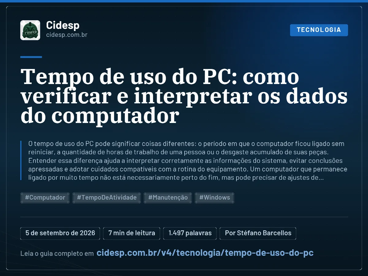 Cartão do artigo “Tempo de uso do PC: como verificar e interpretar os dados do computador”, com resumo, data de publicação e endereço da página.