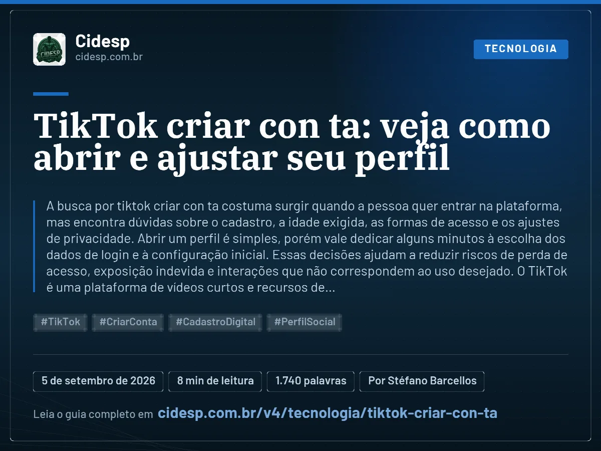Cartão do artigo “TikTok criar con ta: veja como abrir e ajustar seu perfil”, com resumo, data de publicação e endereço da página.