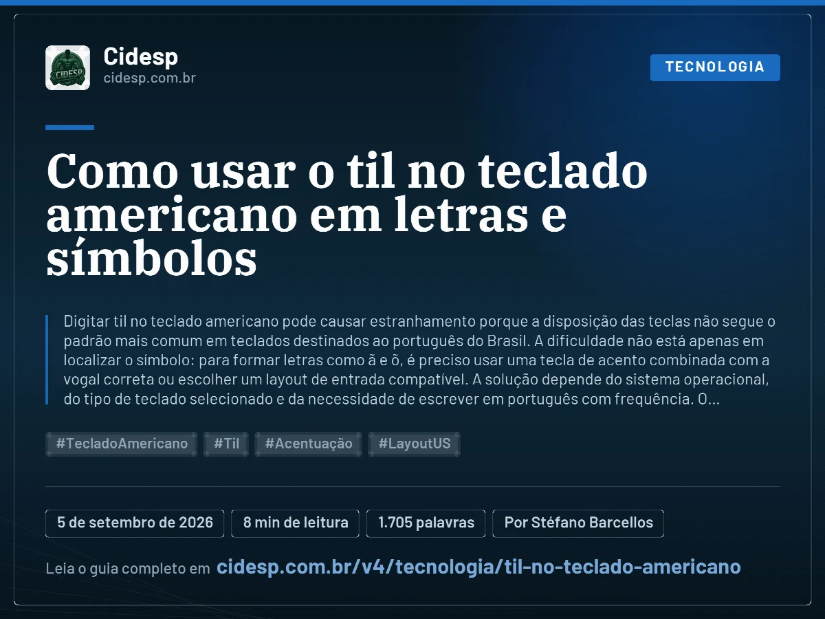 Cartão do artigo “Como usar o til no teclado americano em letras e símbolos”, com resumo, data de publicação e endereço da página.