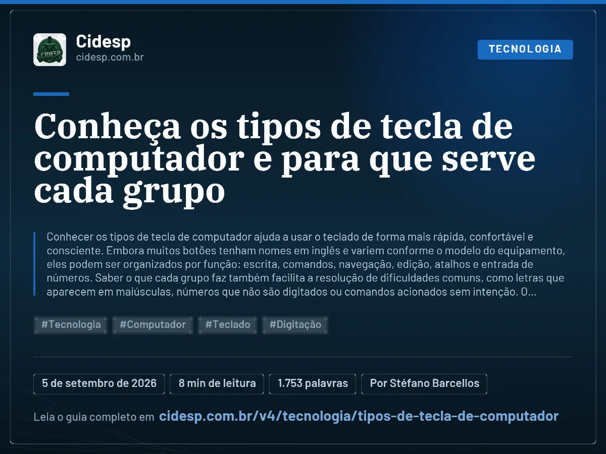 Cartão do artigo “Conheça os tipos de tecla de computador e para que serve cada grupo”, com resumo, data de publicação e endereço da página.