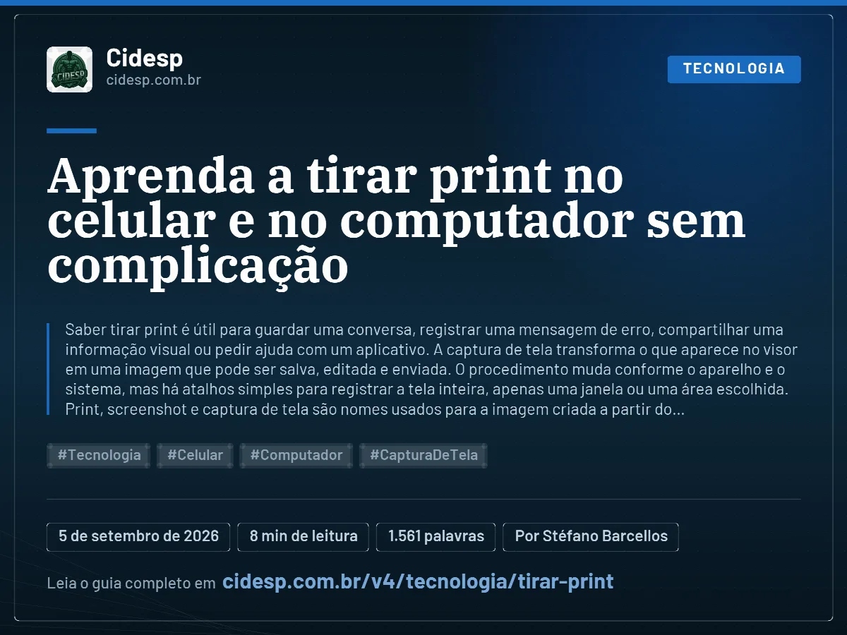 Cartão do artigo “Aprenda a tirar print no celular e no computador sem complicação”, com resumo, data de publicação e endereço da página.