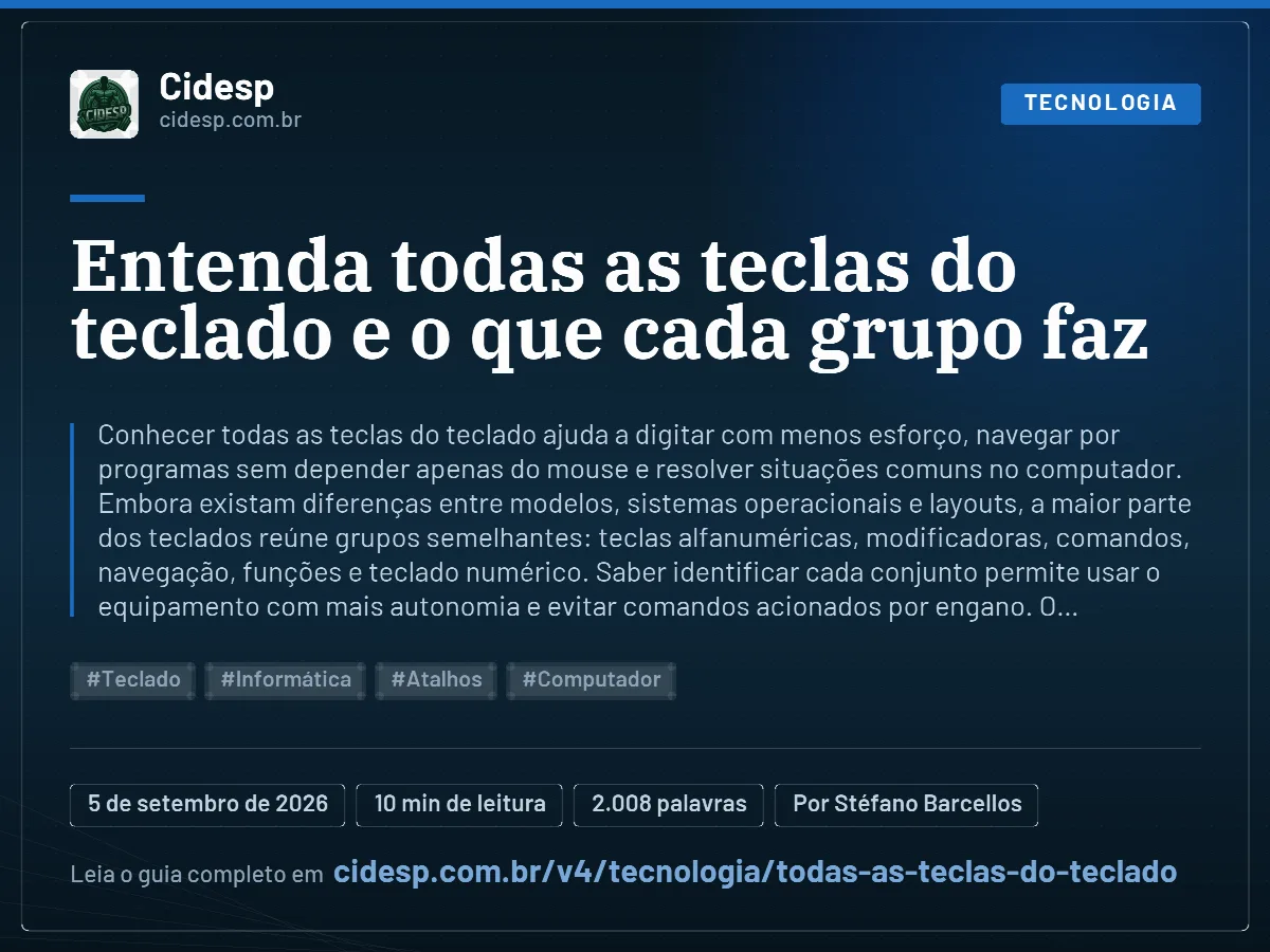 Cartão do artigo “Entenda todas as teclas do teclado e o que cada grupo faz”, com resumo, data de publicação e endereço da página.