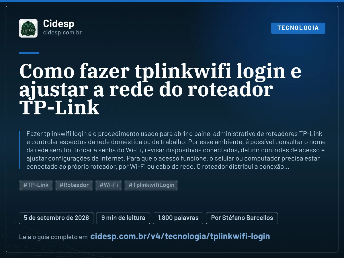 Cartão do artigo “Como fazer tplinkwifi login e ajustar a rede do roteador TP-Link”, com resumo, data de publicação e endereço da página.