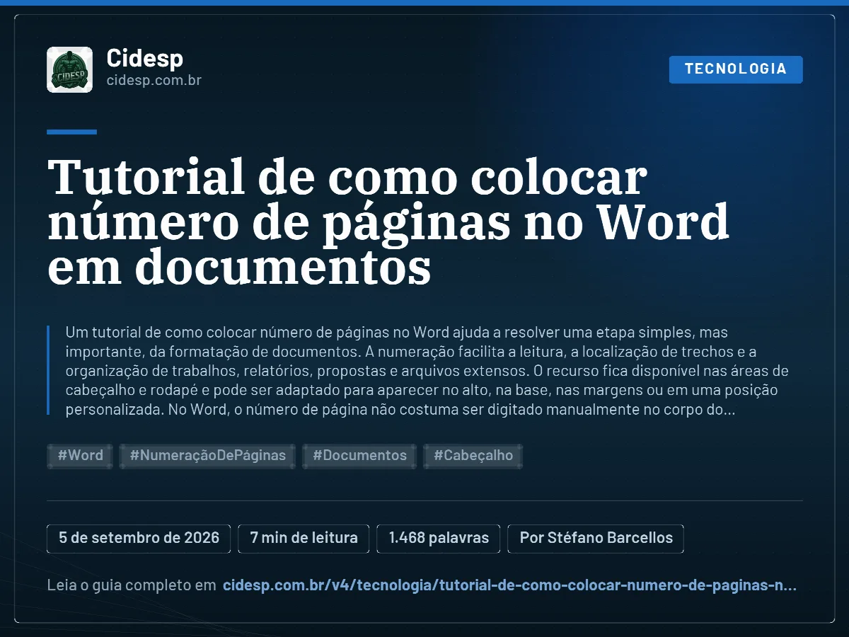 Cartão do artigo “Tutorial de como colocar número de páginas no Word em documentos”, com resumo, data de publicação e endereço da página.