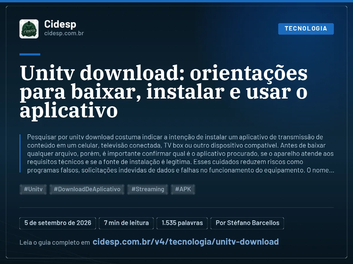 Cartão do artigo “Unitv download: orientações para baixar, instalar e usar o aplicativo”, com resumo, data de publicação e endereço da página.