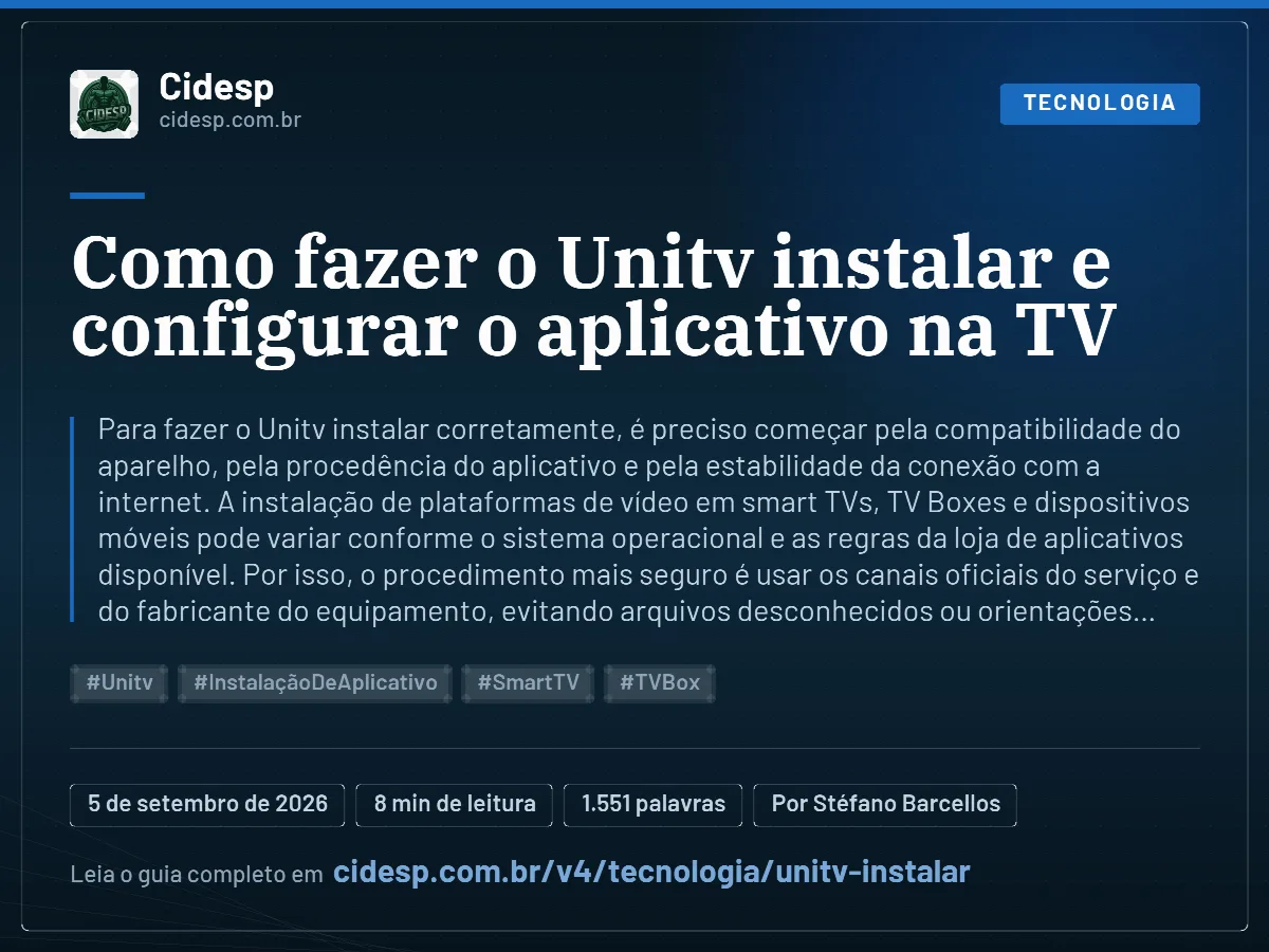 Cartão do artigo “Como fazer o Unitv instalar e configurar o aplicativo na TV”, com resumo, data de publicação e endereço da página.
