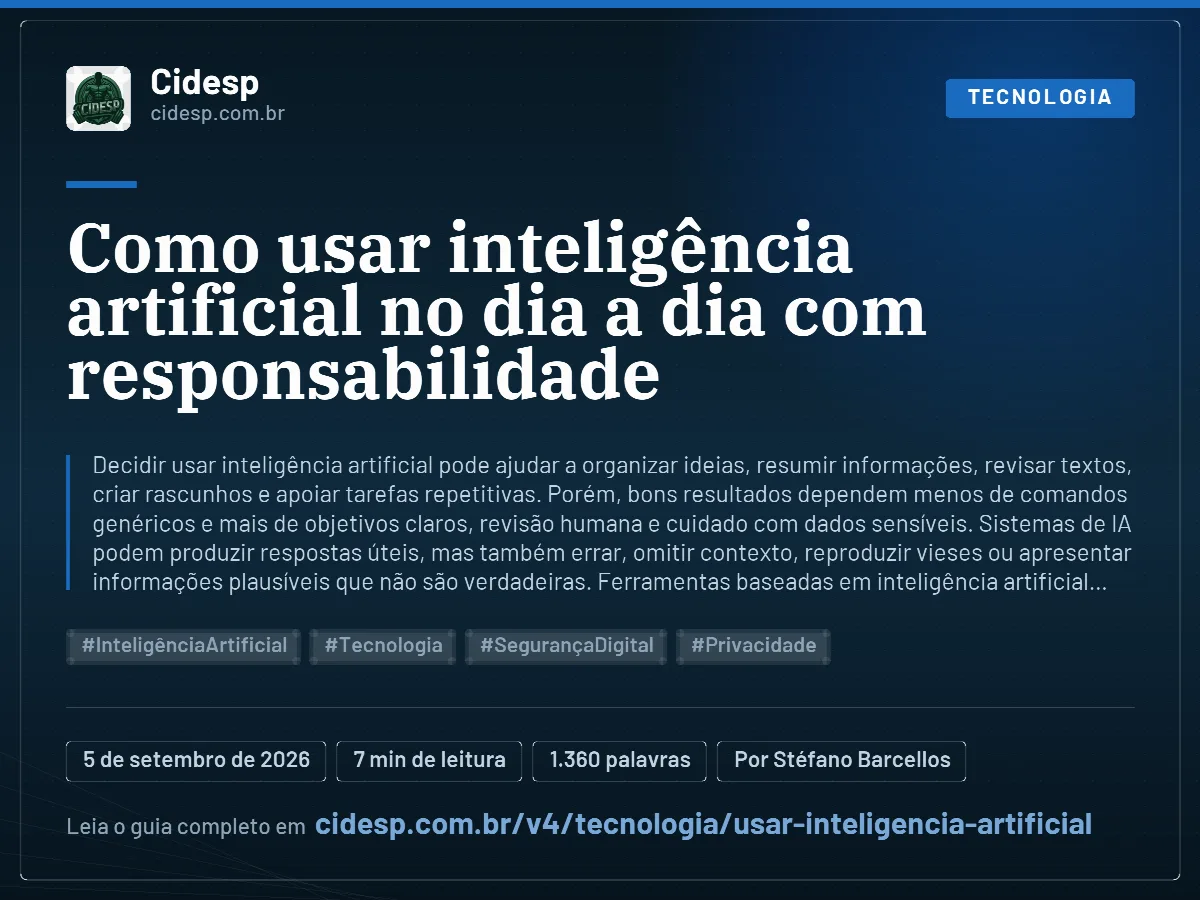 Cartão do artigo “Como usar inteligência artificial no dia a dia com responsabilidade”, com resumo, data de publicação e endereço da página.
