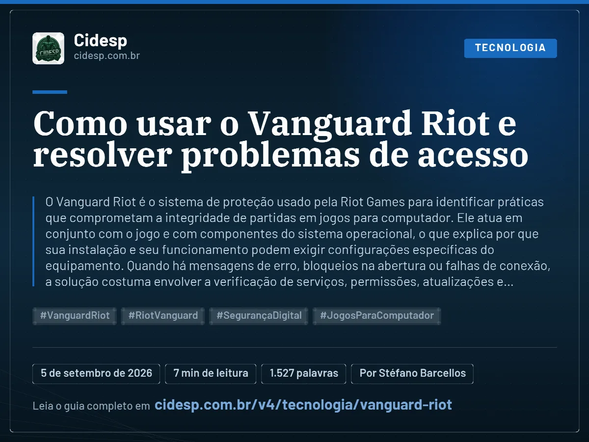 Cartão do artigo “Como usar o Vanguard Riot e resolver problemas de acesso”, com resumo, data de publicação e endereço da página.