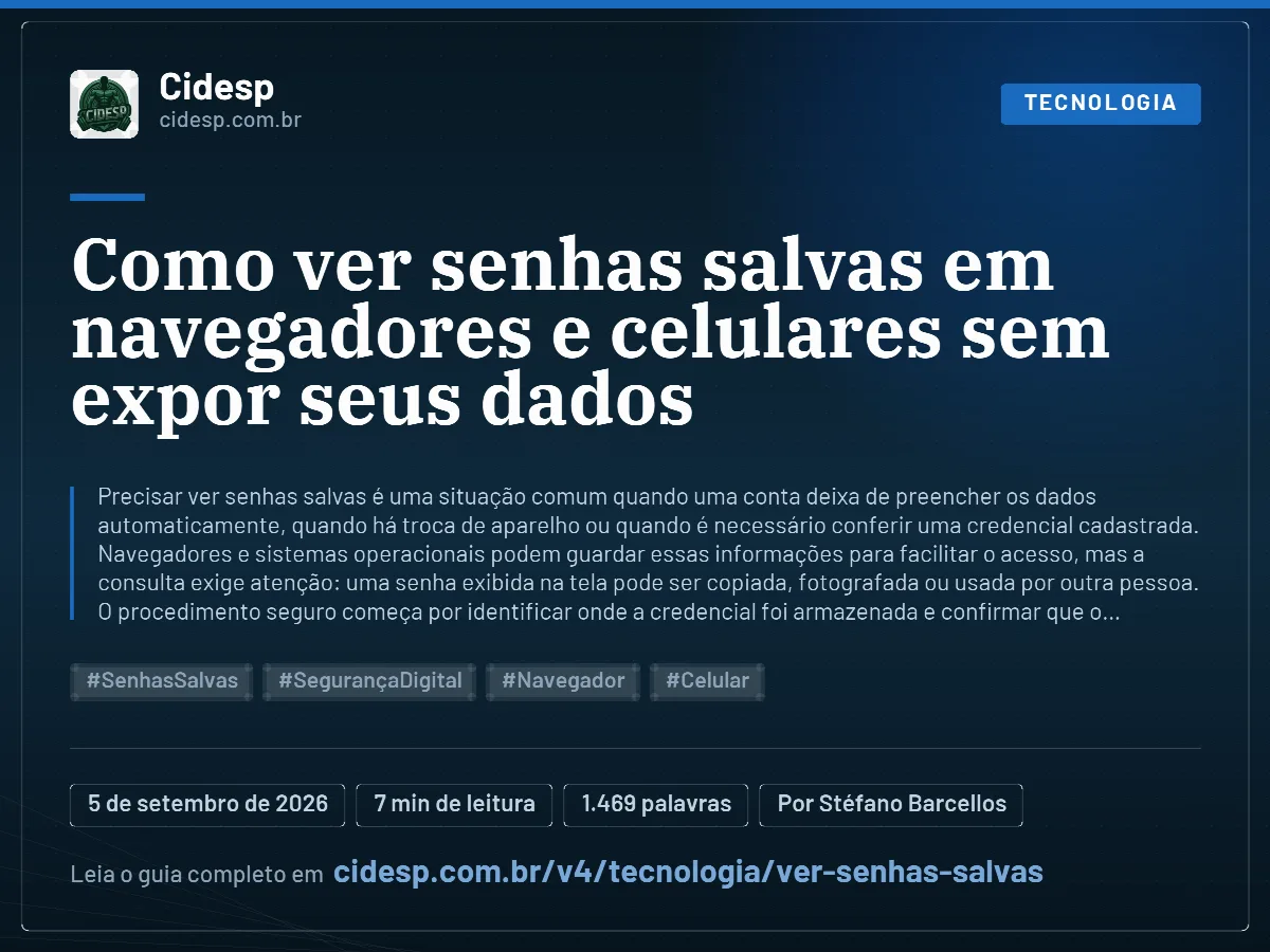 Cartão do artigo “Como ver senhas salvas em navegadores e celulares sem expor seus dados”, com resumo, data de publicação e endereço da página.
