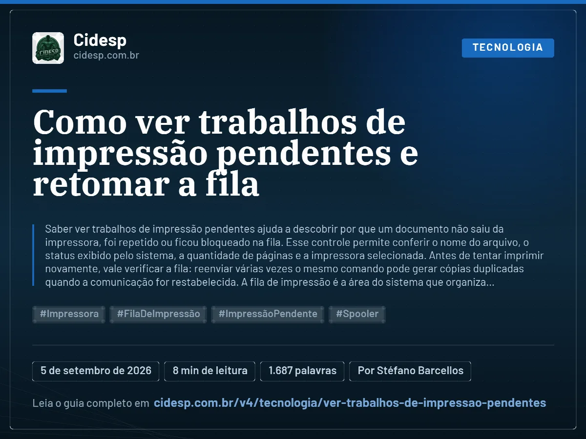 Cartão do artigo “Como ver trabalhos de impressão pendentes e retomar a fila”, com resumo, data de publicação e endereço da página.