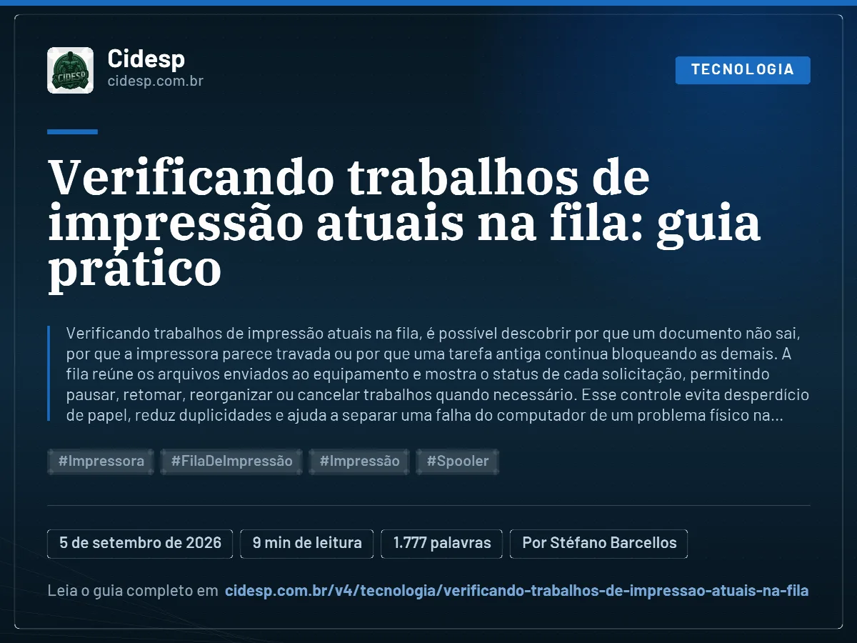 Cartão do artigo “Verificando trabalhos de impressão atuais na fila: guia prático”, com resumo, data de publicação e endereço da página.