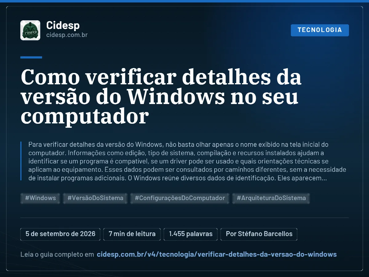 Cartão do artigo “Como verificar detalhes da versão do Windows no seu computador”, com resumo, data de publicação e endereço da página.