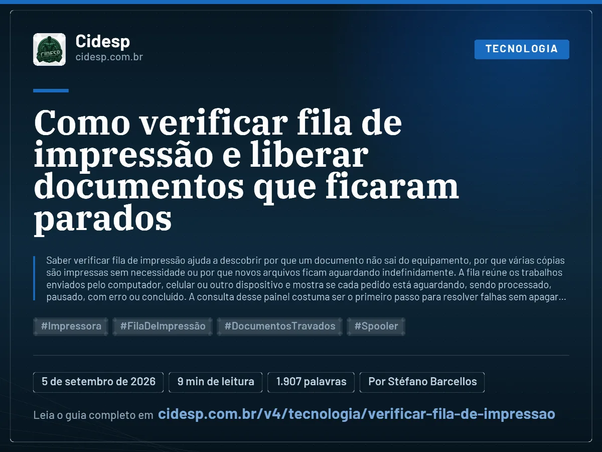 Cartão do artigo “Como verificar fila de impressão e liberar documentos que ficaram parados”, com resumo, data de publicação e endereço da página.