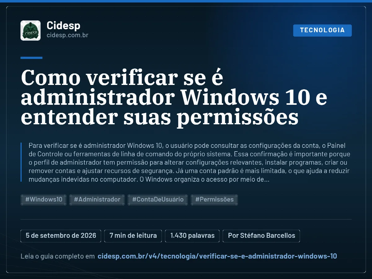 Cartão do artigo “Como verificar se é administrador Windows 10 e entender suas permissões”, com resumo, data de publicação e endereço da página.