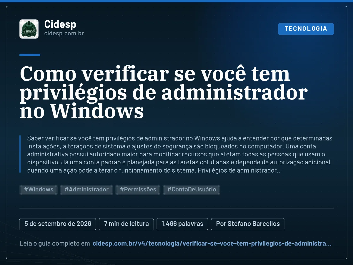 Cartão do artigo “Como verificar se você tem privilégios de administrador no Windows”, com resumo, data de publicação e endereço da página.