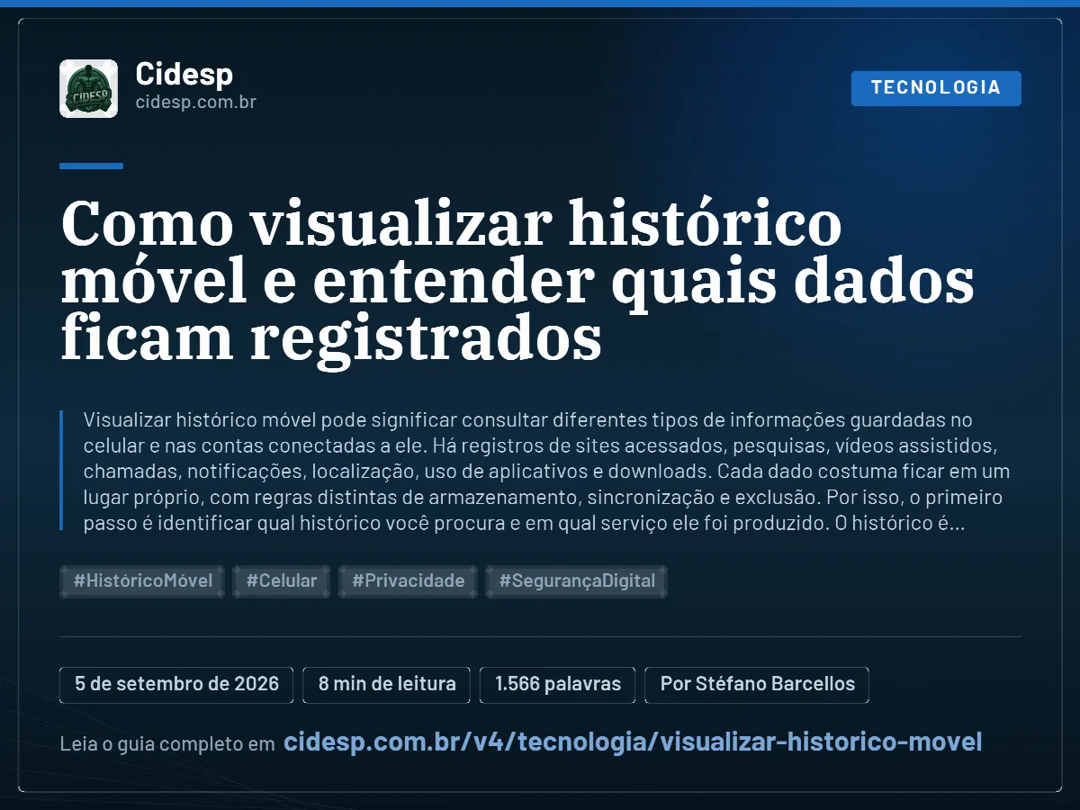Cartão do artigo “Como visualizar histórico móvel e entender quais dados ficam registrados”, com resumo, data de publicação e endereço da página.