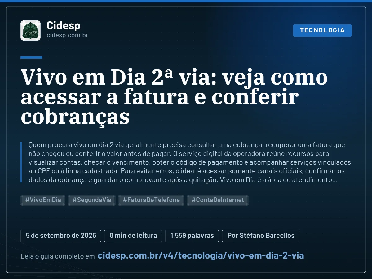 Cartão do artigo “Vivo em Dia 2ª via: veja como acessar a fatura e conferir cobranças”, com resumo, data de publicação e endereço da página.