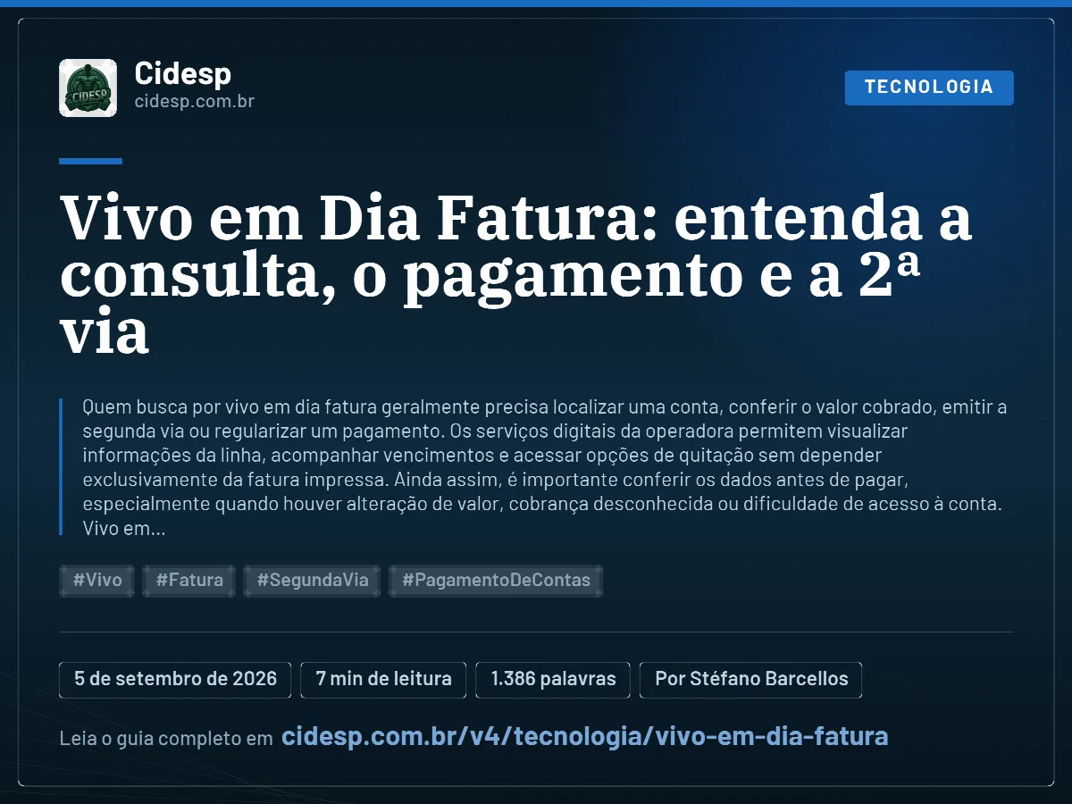 Cartão do artigo “Vivo em Dia Fatura: entenda a consulta, o pagamento e a 2ª via”, com resumo, data de publicação e endereço da página.