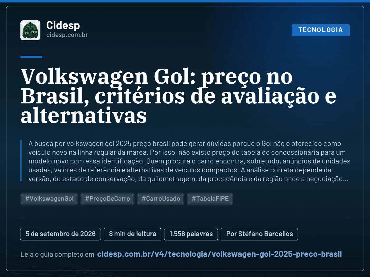 Cartão do artigo “Volkswagen Gol: preço no Brasil, critérios de avaliação e alternativas”, com resumo, data de publicação e endereço da página.