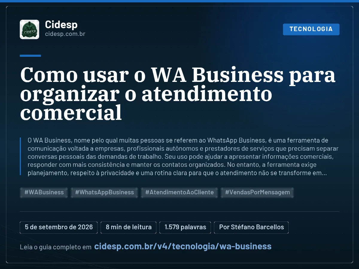 Cartão do artigo “Como usar o WA Business para organizar o atendimento comercial”, com resumo, data de publicação e endereço da página.