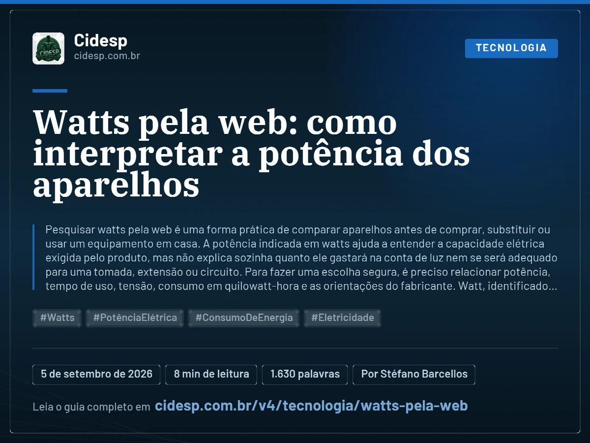 Cartão do artigo “Watts pela web: como interpretar a potência dos aparelhos”, com resumo, data de publicação e endereço da página.