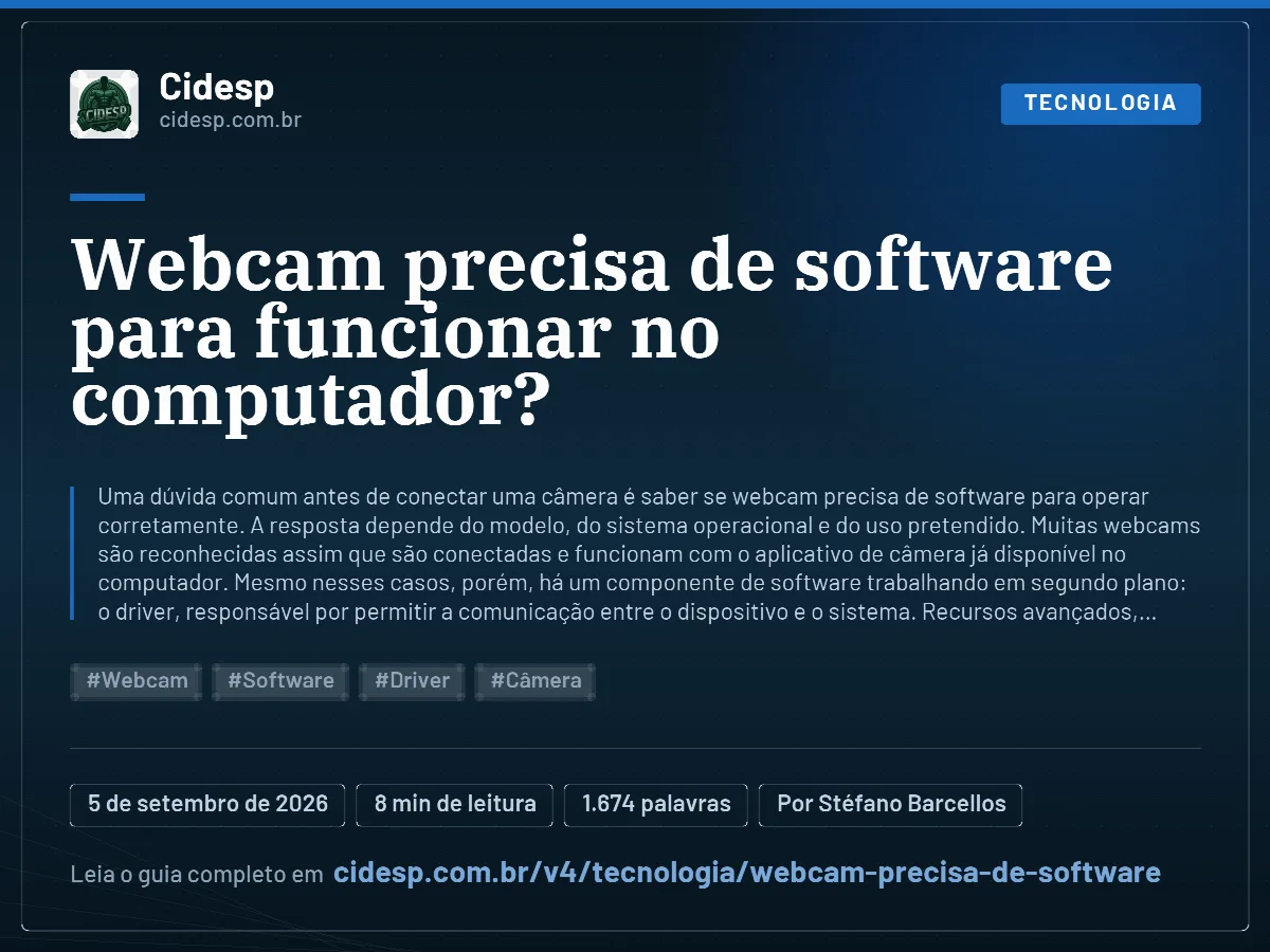 Cartão do artigo “Webcam precisa de software para funcionar no computador?”, com resumo, data de publicação e endereço da página.