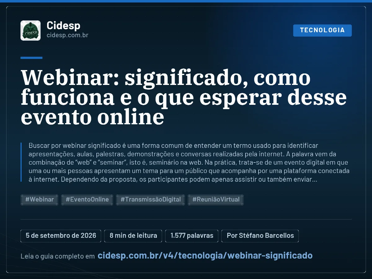 Cartão do artigo “Webinar: significado, como funciona e o que esperar desse evento online”, com resumo, data de publicação e endereço da página.