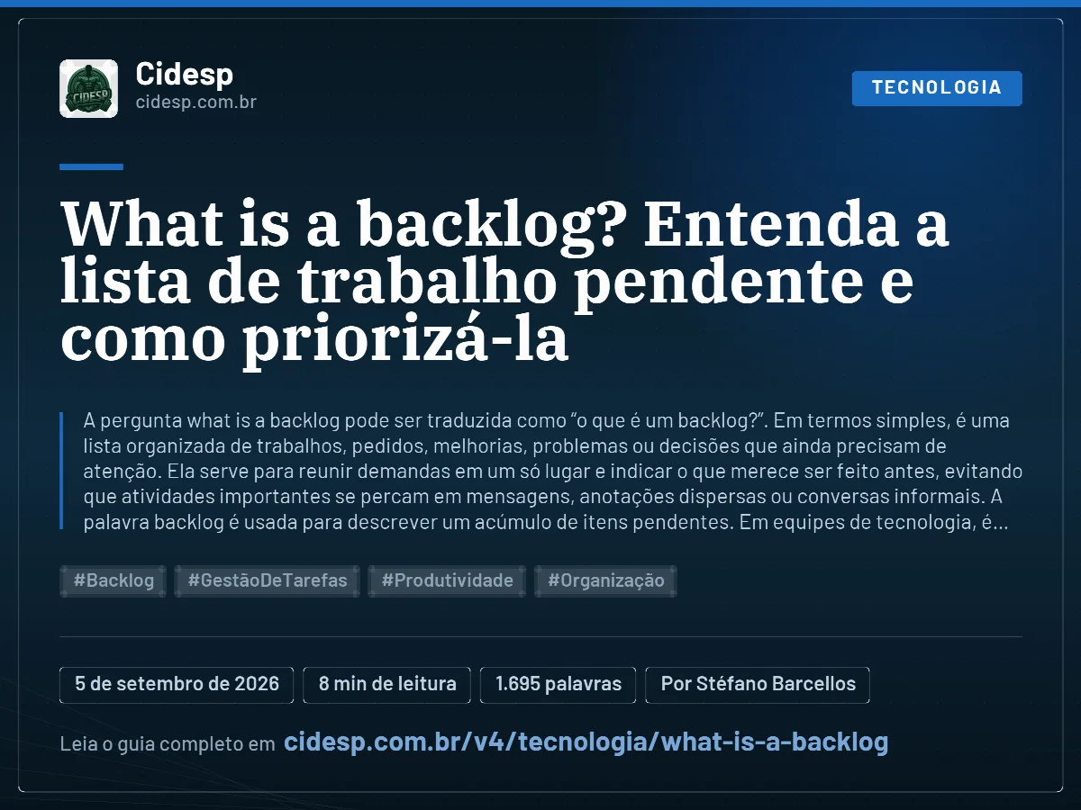 Cartão do artigo “What is a backlog? Entenda a lista de trabalho pendente e como priorizá-la”, com resumo, data de publicação e endereço da página.