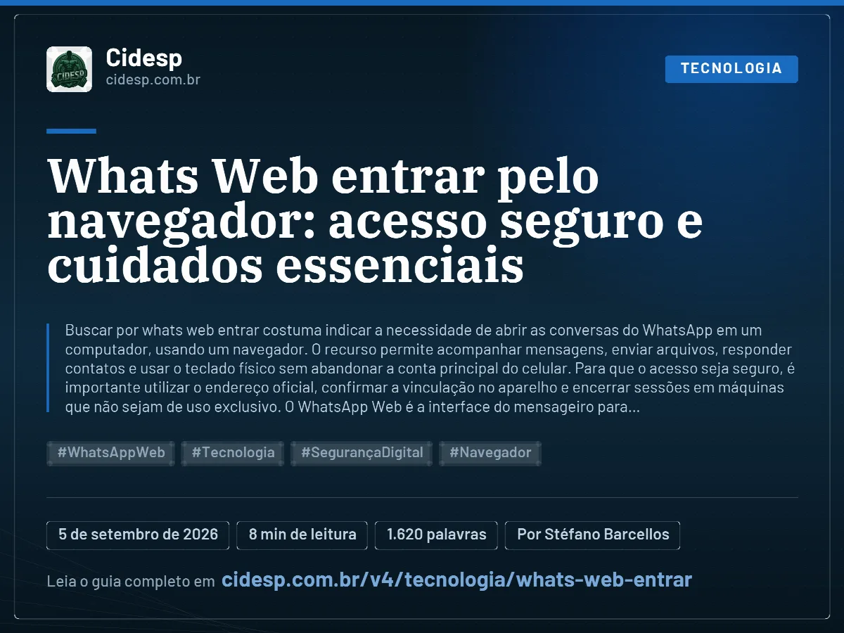 Cartão do artigo “Whats Web entrar pelo navegador: acesso seguro e cuidados essenciais”, com resumo, data de publicação e endereço da página.